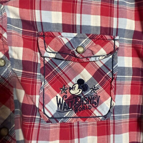 Disney Parks Plaid Pearl Snap Button Down Mickey Mouse Shirt Men's Size XL Red - Picture 3 of 9
